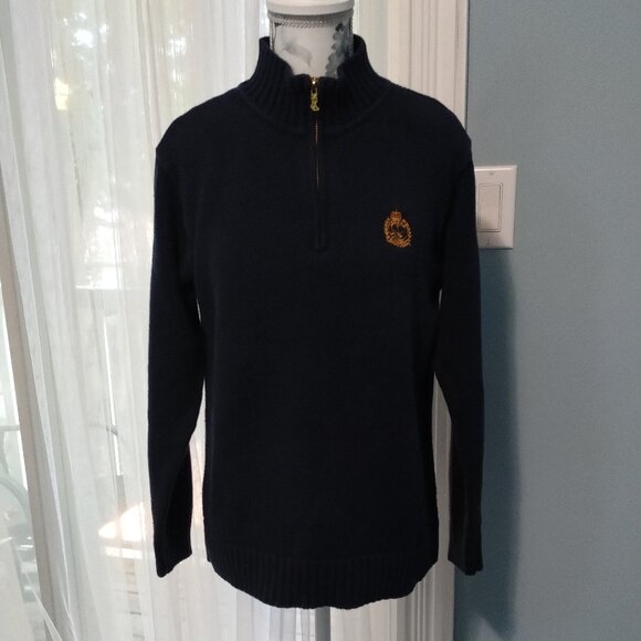 Ralph Lauren Navy Quarter Zip Cotton Sweater with Gold Crest - Picture 1 of 8